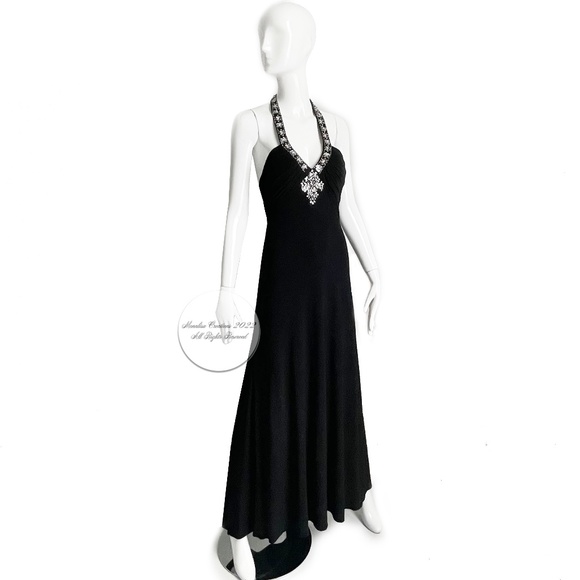 Cache Black Jersey Evening Gown Formal Halter Dress Embellished Size 4 - Picture 1 of 10